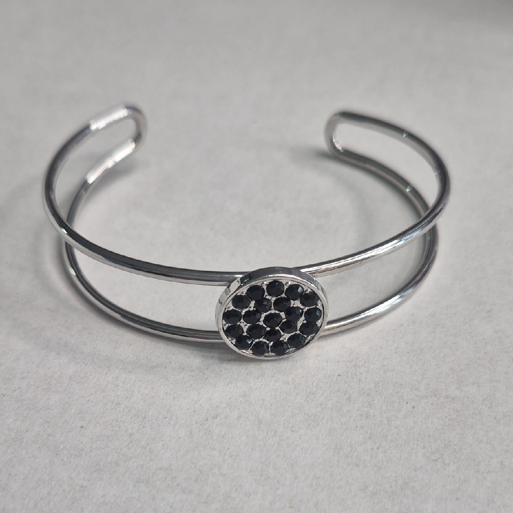 Polished silver-tone double band cuff Bracelet w/ Black Disk And Crystals.